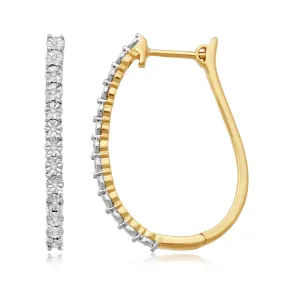 Jewelili 10K Yellow Gold With Natural White Round Diamonds Hoop Earrings