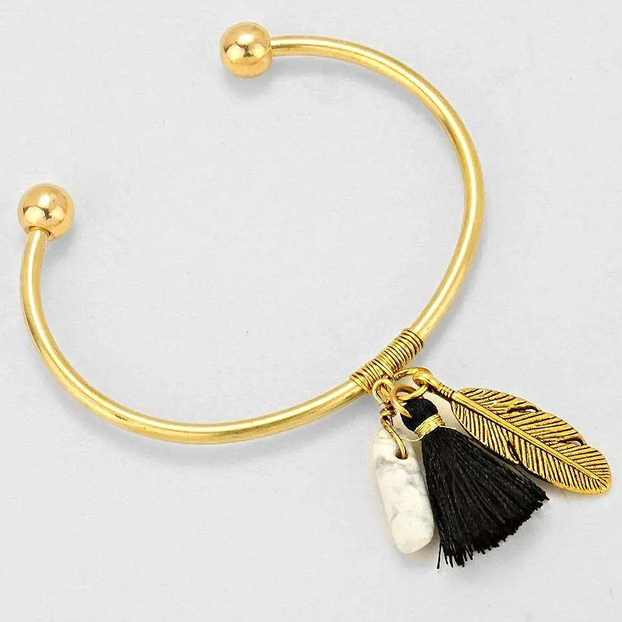 Leaf, Stone, and Black Tassel Gold Cuff Bracelet