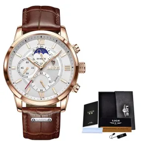 LIGE 2024 New Mens Quartz Watches Luxury Brown Leather Casual