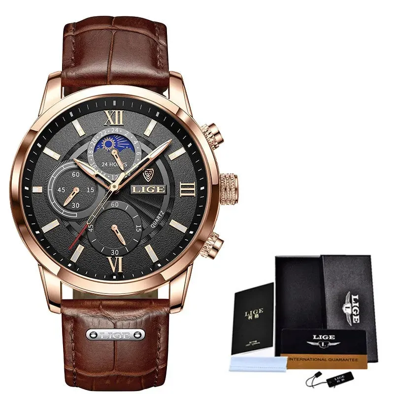 LIGE 2024 New Mens Quartz Watches Luxury Brown Leather Casual