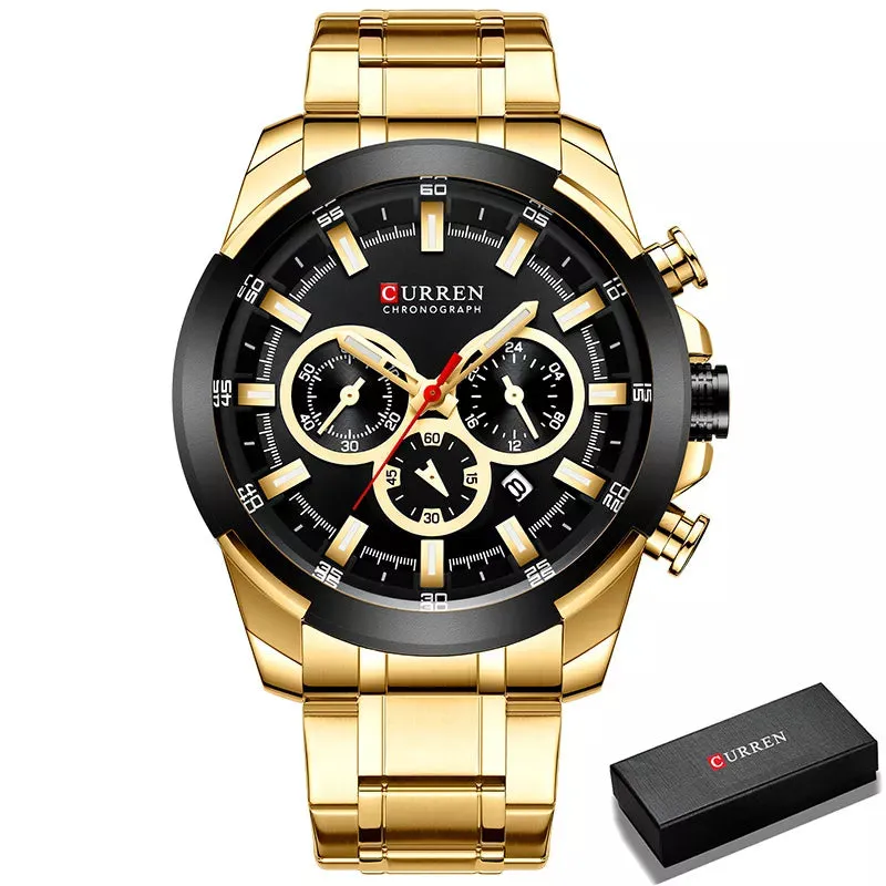 Luxury Men Steel Quartz Wrist Watches Chronograph Gold Design