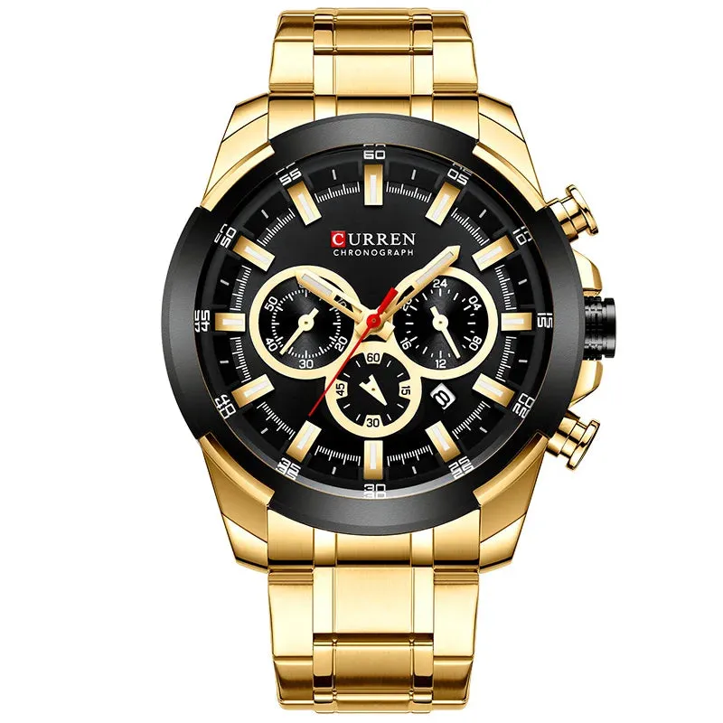 Luxury Men Steel Quartz Wrist Watches Chronograph Gold Design