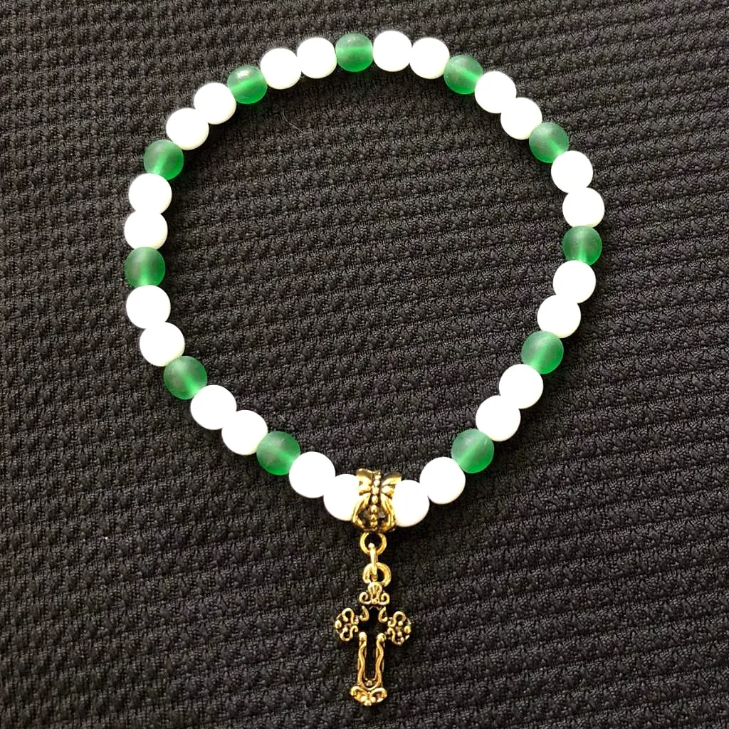 Matte Green and White Beaded Gold Cross Bracelet