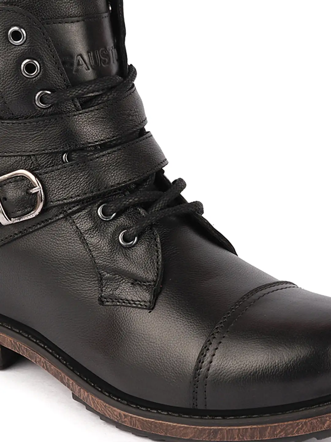 Men Black High Ankle Genuine Leather 8-Eye Lace Up Buckle Closure Side Zipper Combat Boots