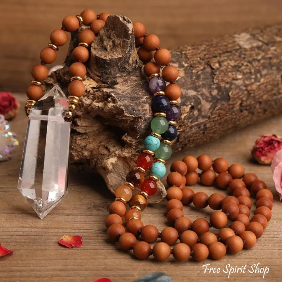 Natural Sandalwood Bead & 7 Chakra Crystal Mala Necklace