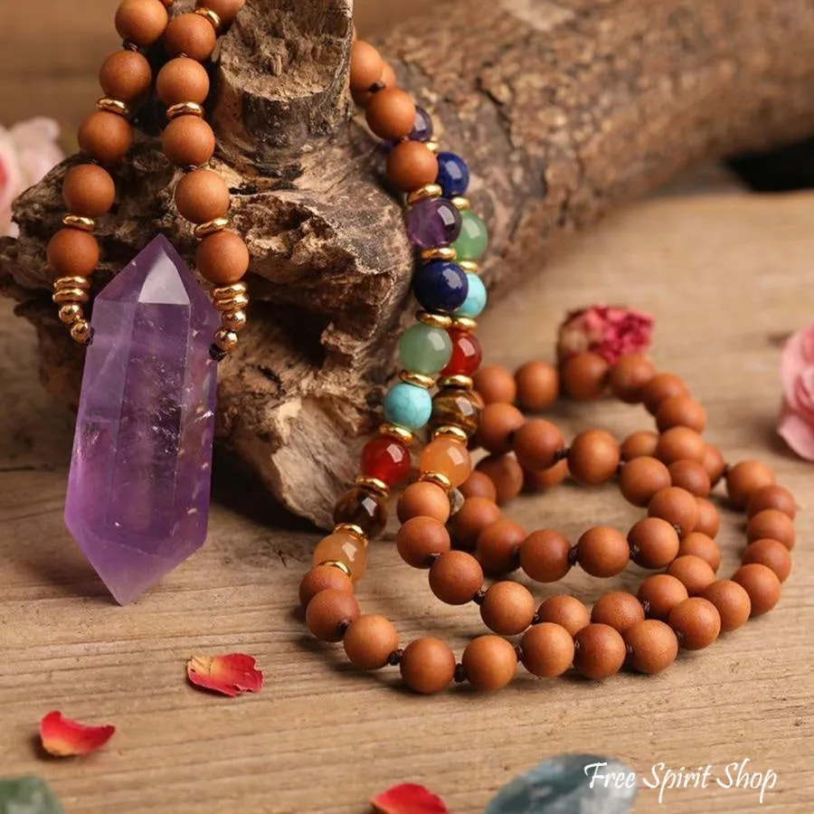 Natural Sandalwood Bead & 7 Chakra Crystal Mala Necklace