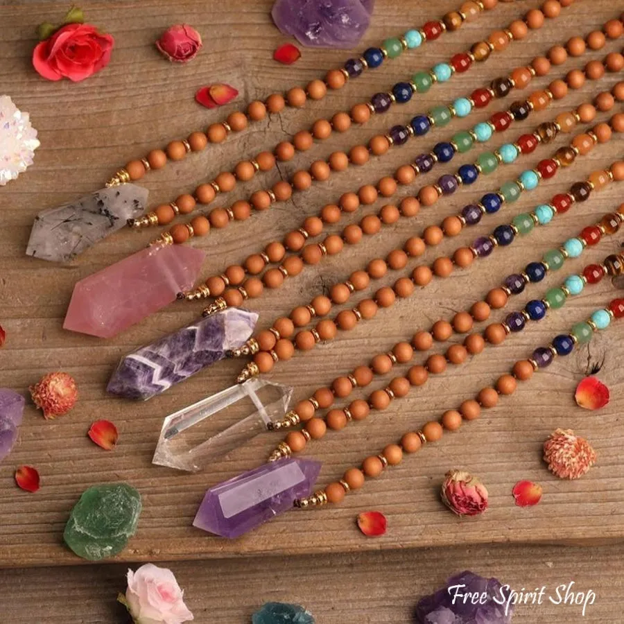 Natural Sandalwood Bead & 7 Chakra Crystal Mala Necklace