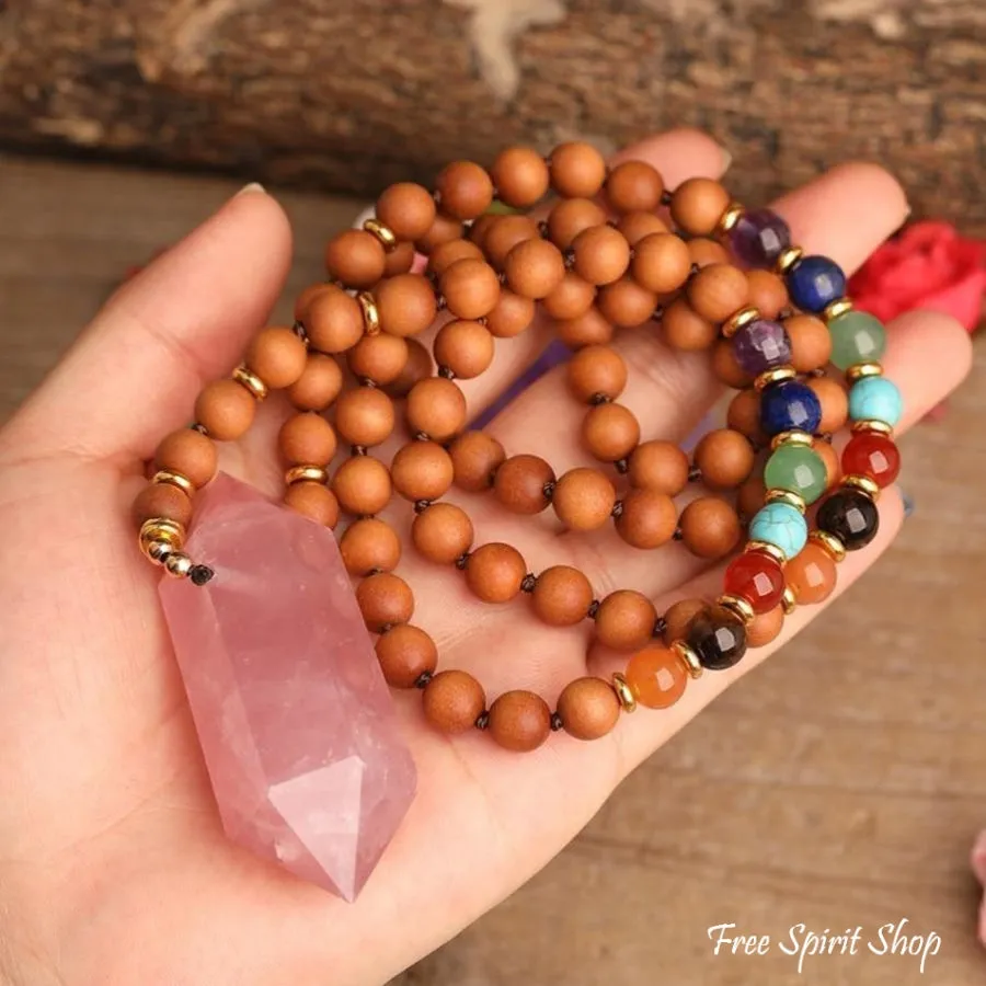 Natural Sandalwood Bead & 7 Chakra Crystal Mala Necklace