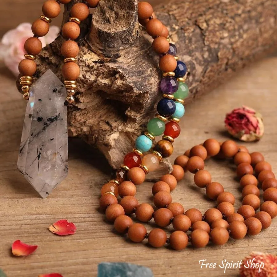 Natural Sandalwood Bead & 7 Chakra Crystal Mala Necklace