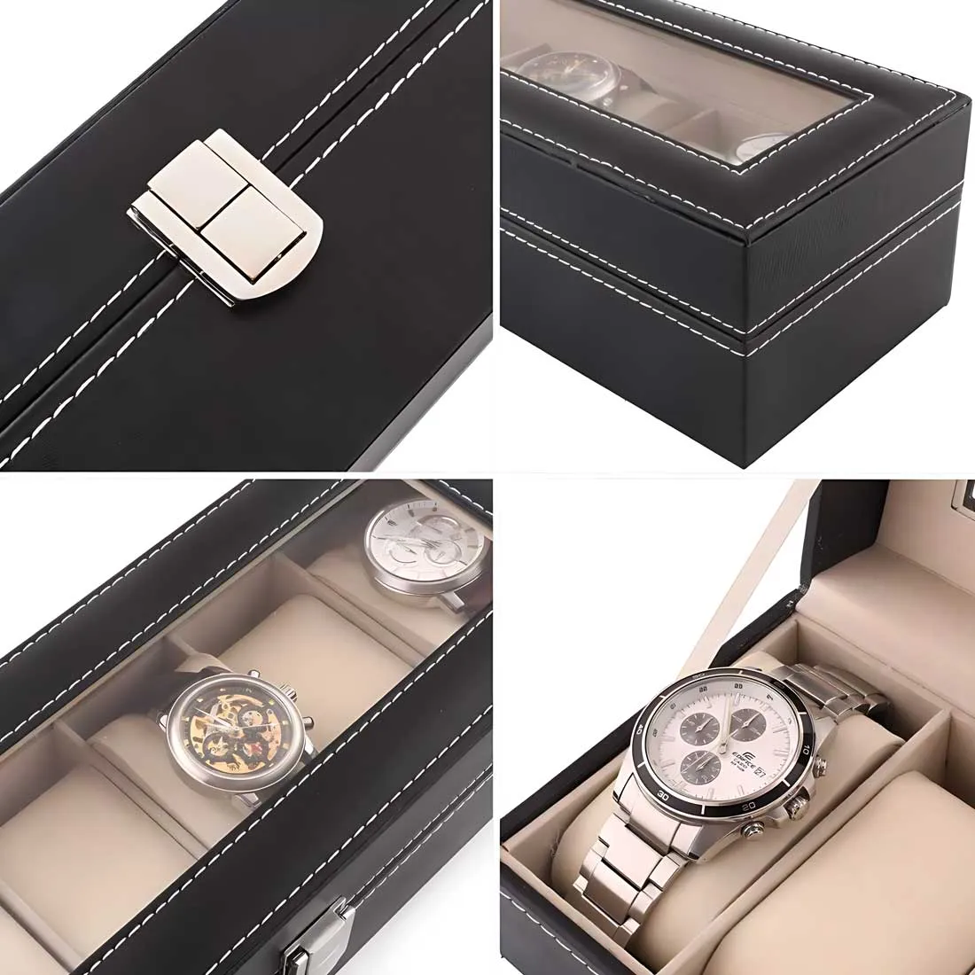 Personalized Watch Box-Stores 6 Watches PU Leather Storage Case-Black