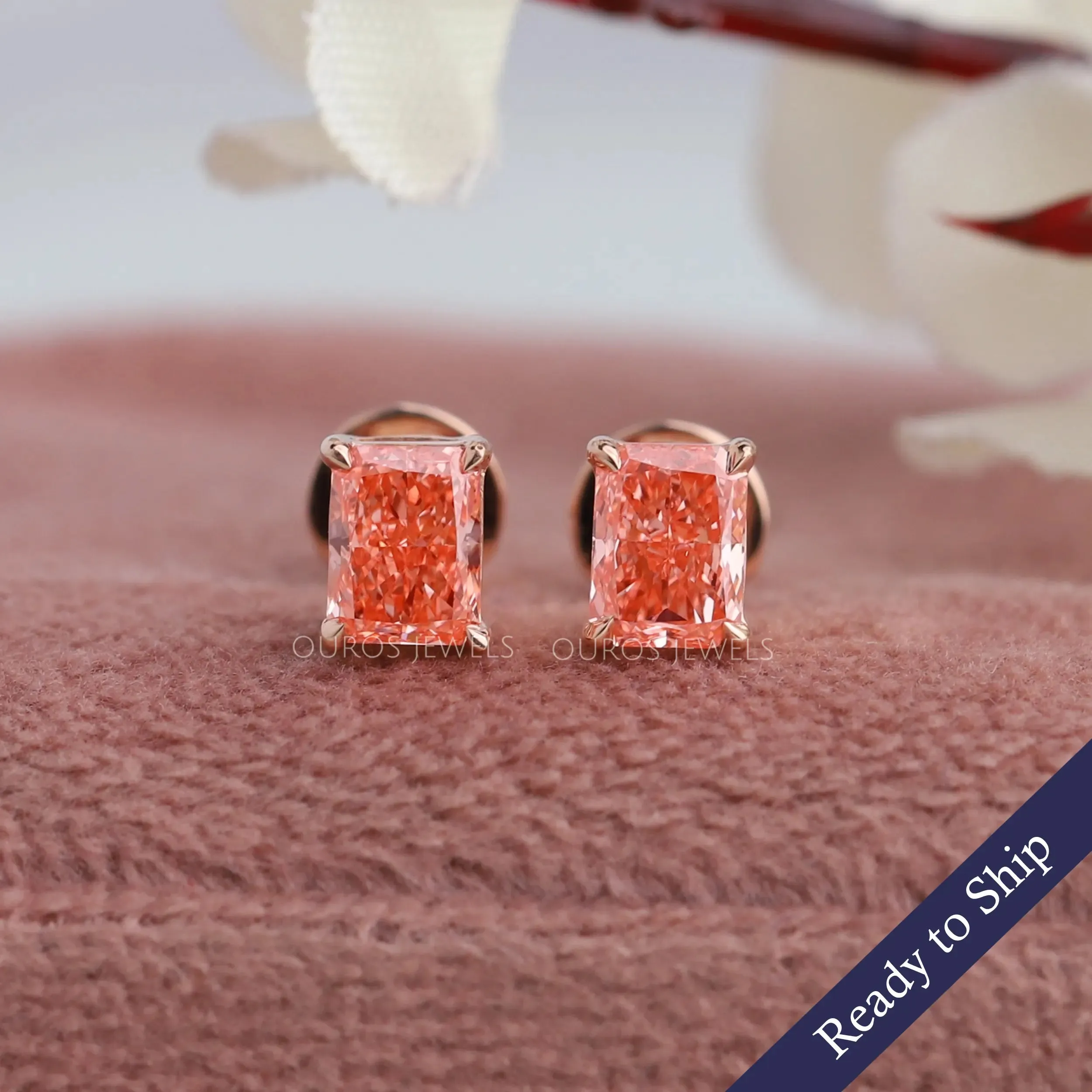 Pink Radiant Cut Lab Diamond  Stud Earrings