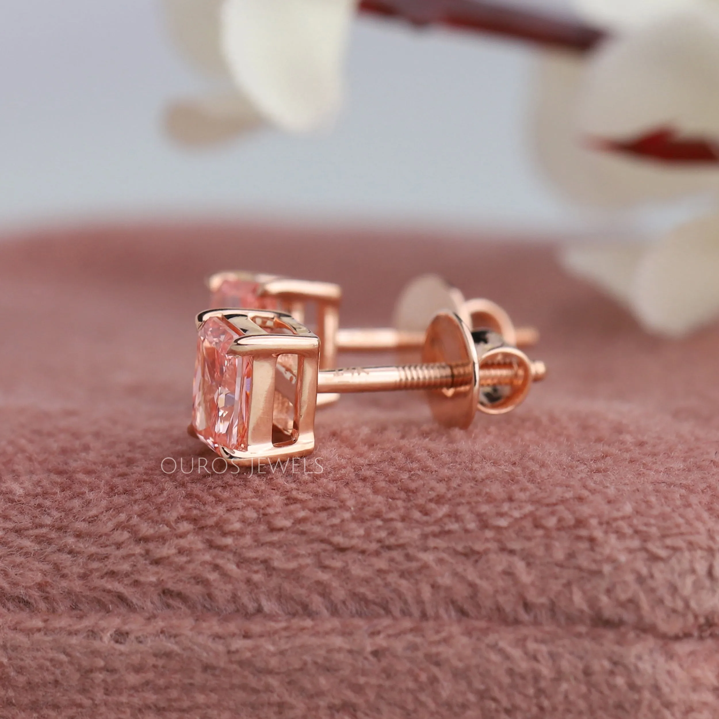 Pink Radiant Cut Lab Diamond  Stud Earrings