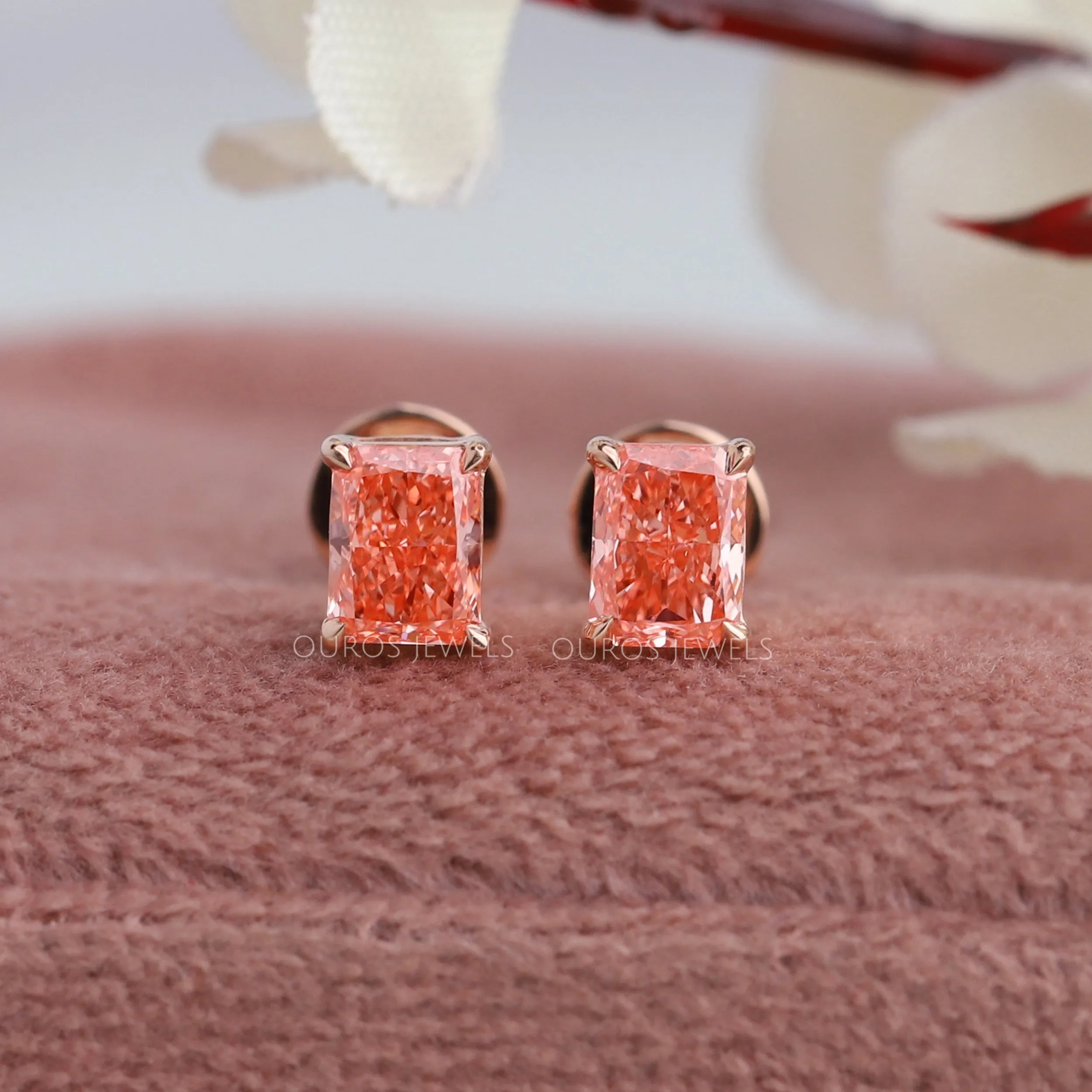 Pink Radiant Cut Lab Diamond  Stud Earrings