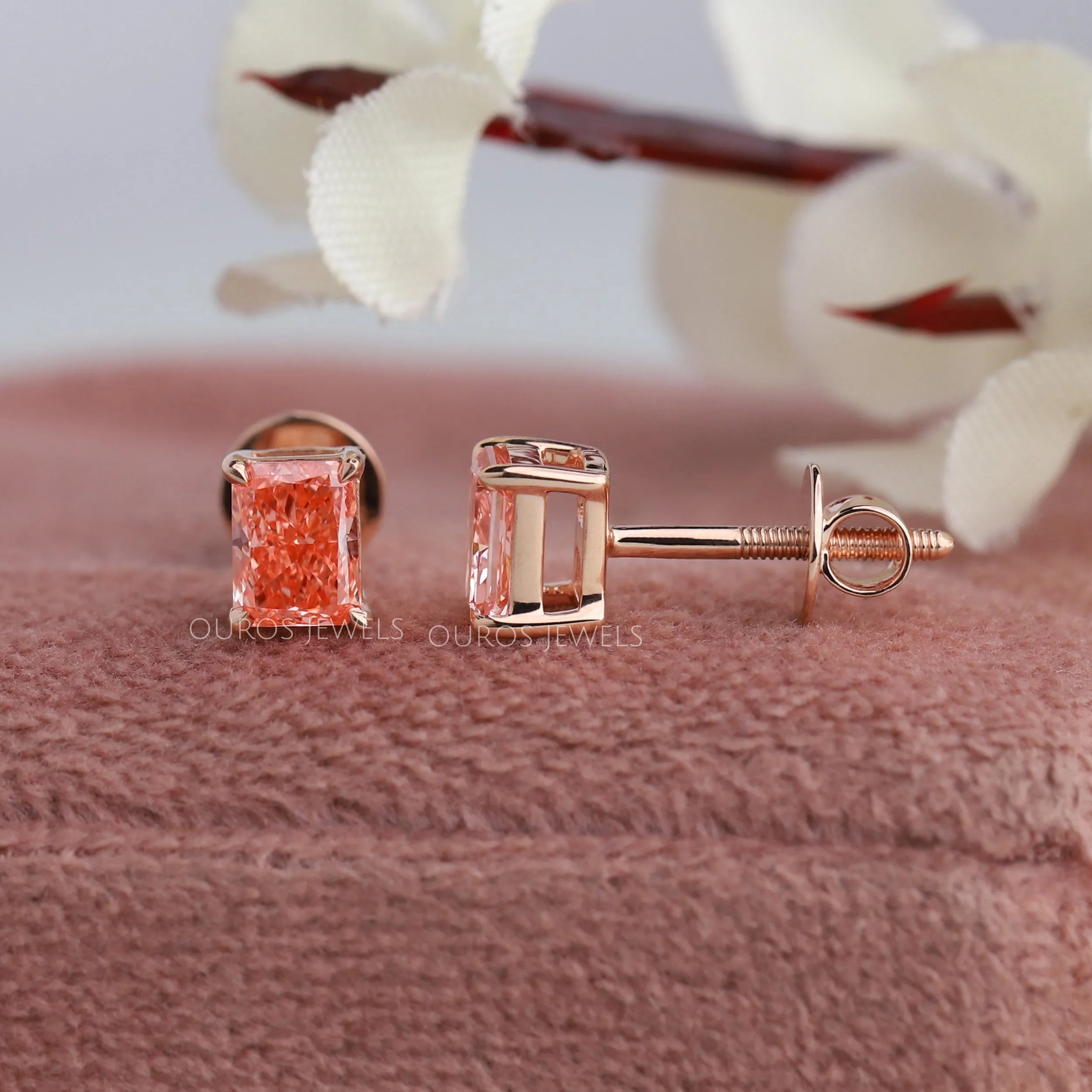 Pink Radiant Cut Lab Diamond  Stud Earrings