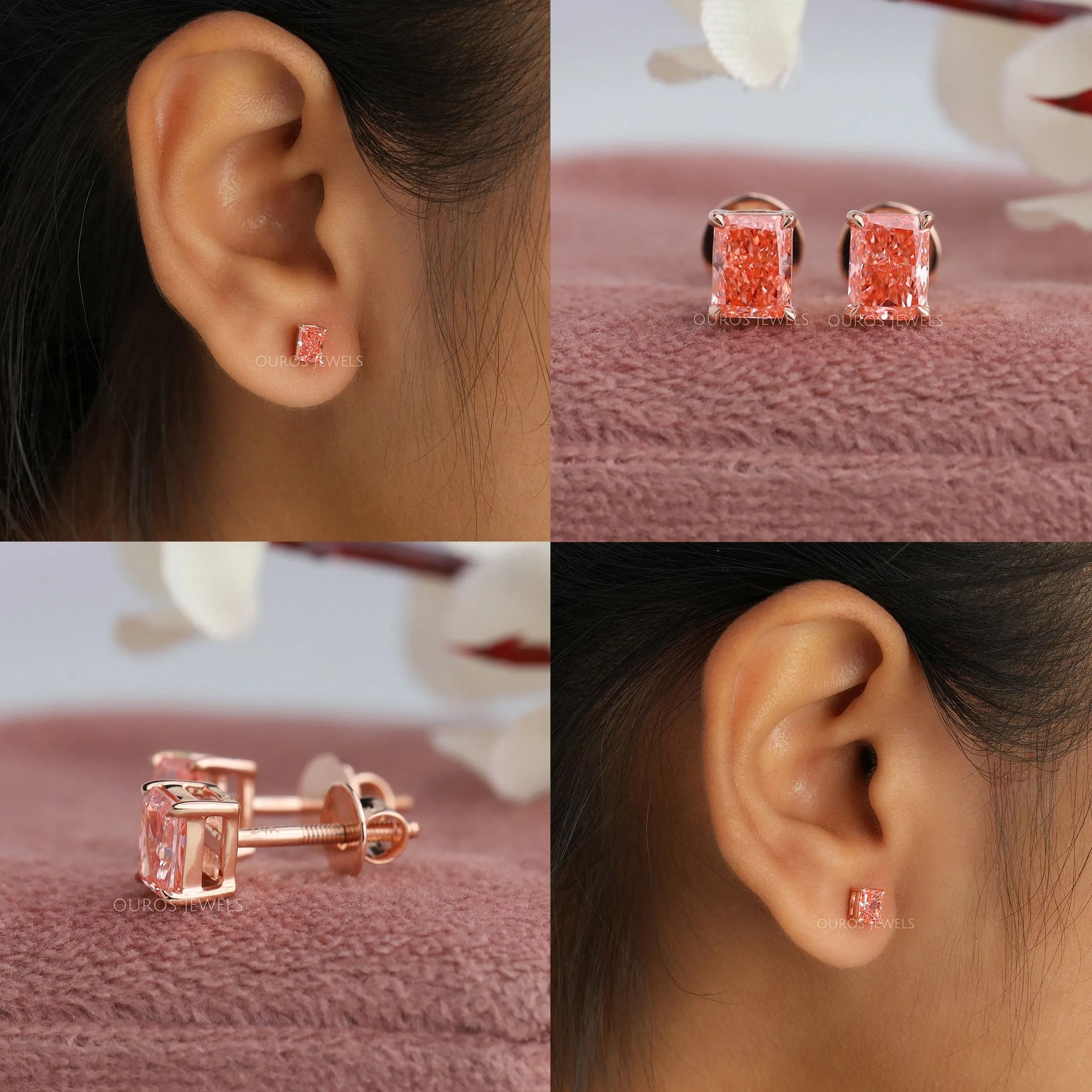 Pink Radiant Cut Lab Diamond  Stud Earrings