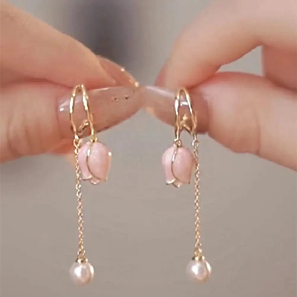 Pink tulip fringe long pearl earrings MK18474