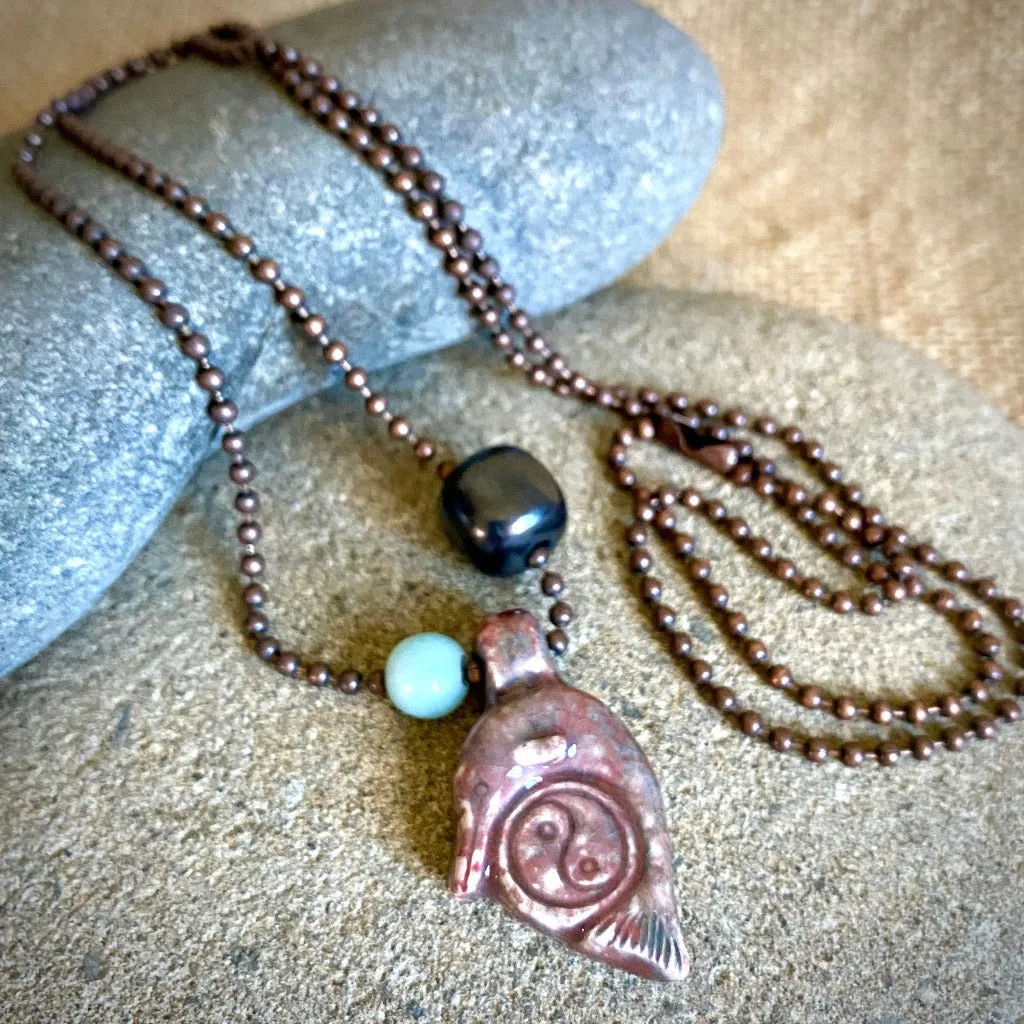 Raku Dolphin Yin-Yang Pendant with Shungite & Amazonite, on Ball Chain