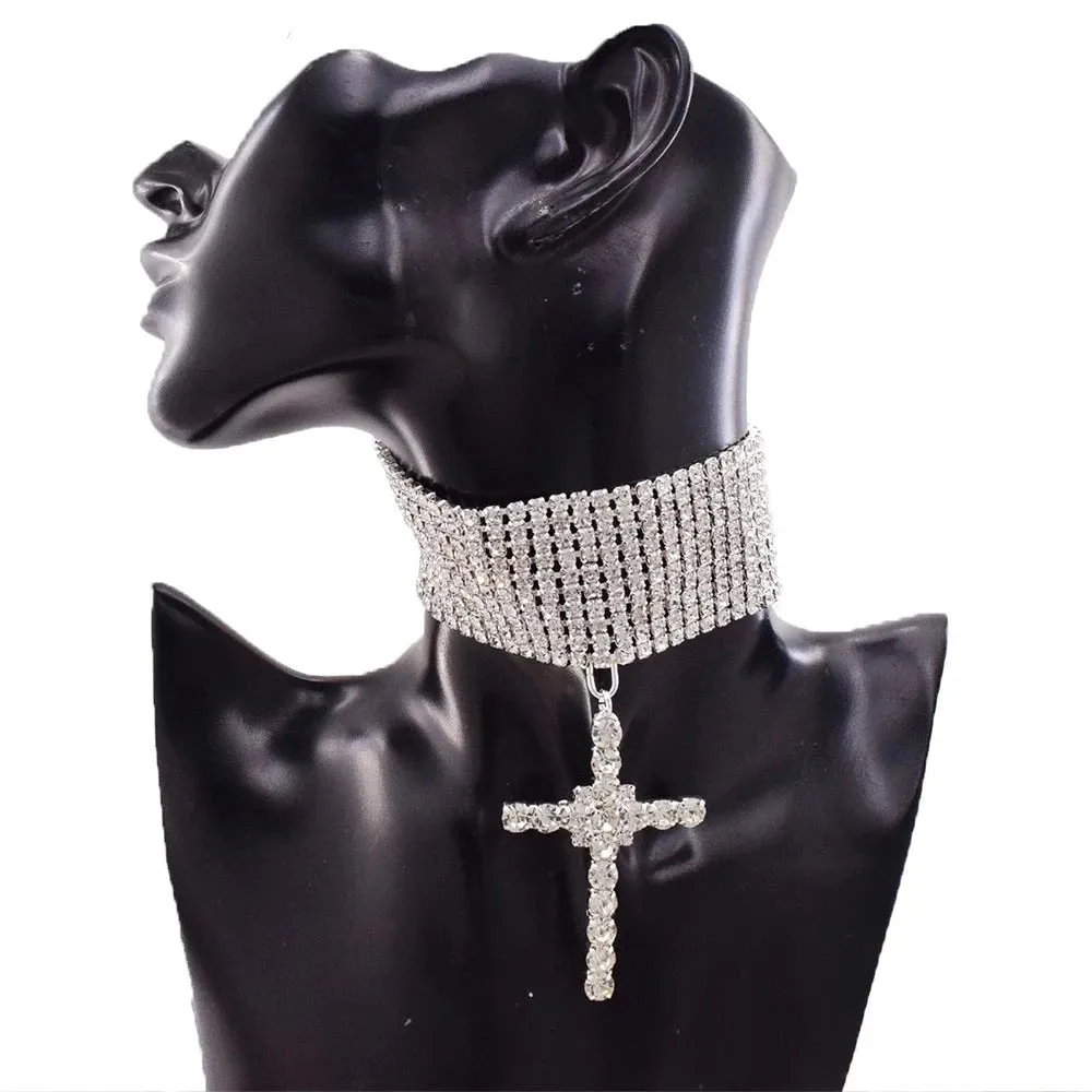 Rhinestone Cross Choker Necklace