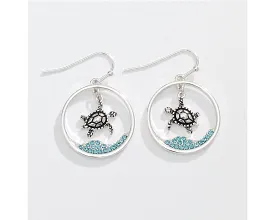 Silver Turtle & Aqua Crystal Scene Earrings