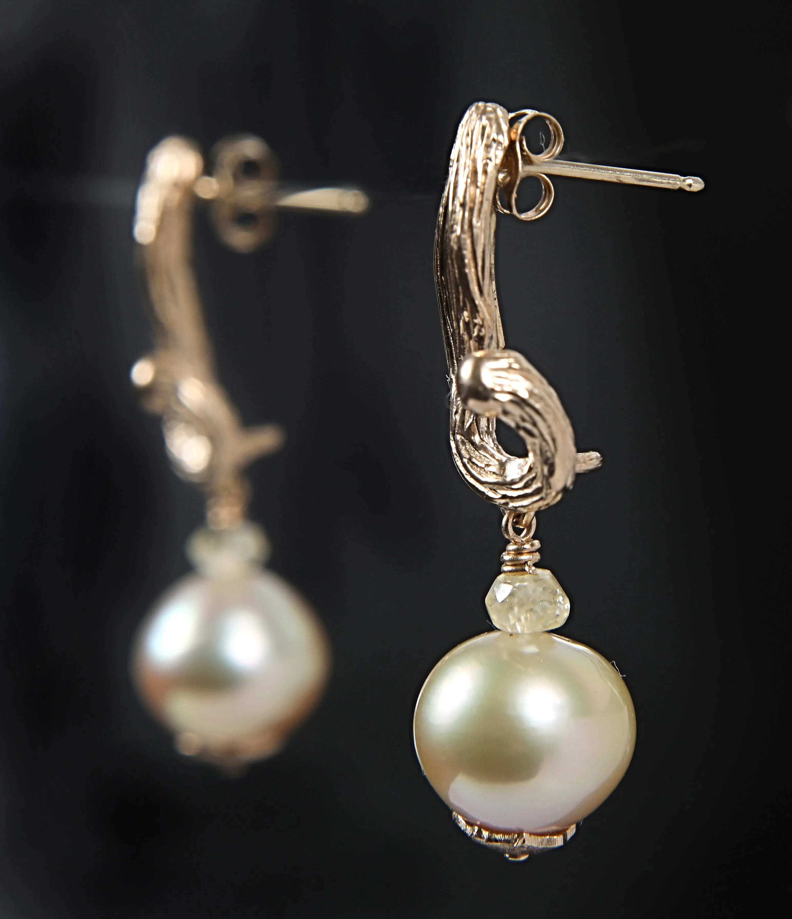 South Sea Pearl, Songea Sapphire, and Gold Earrings