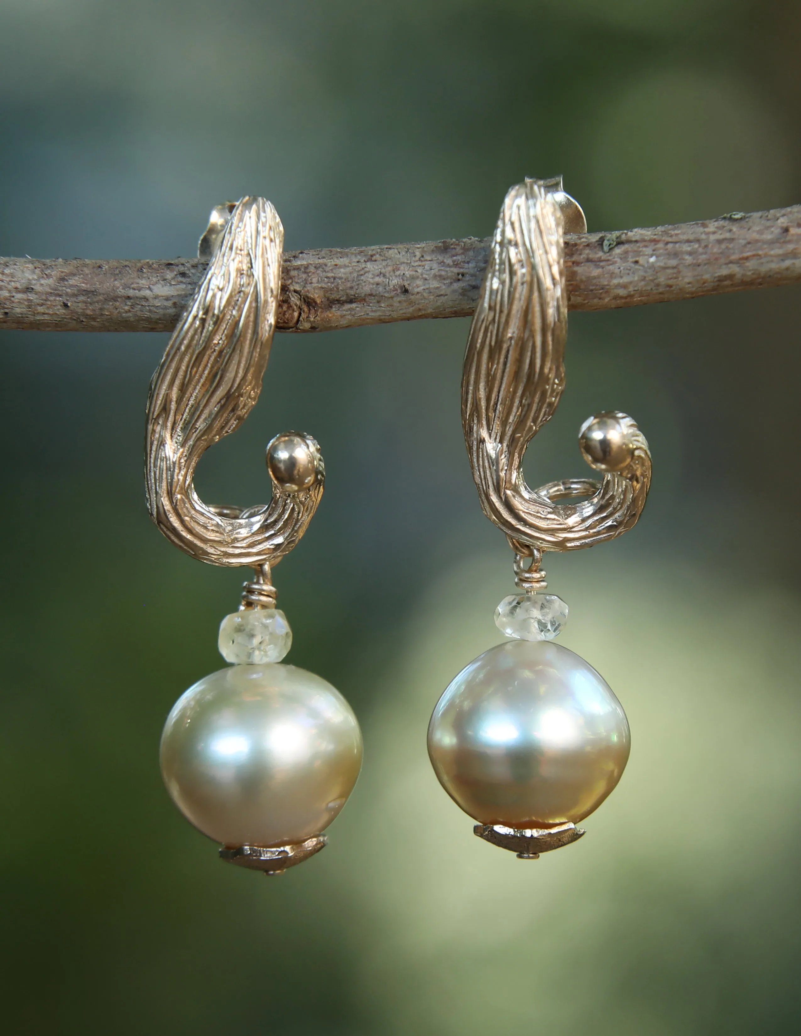 South Sea Pearl, Songea Sapphire, and Gold Earrings