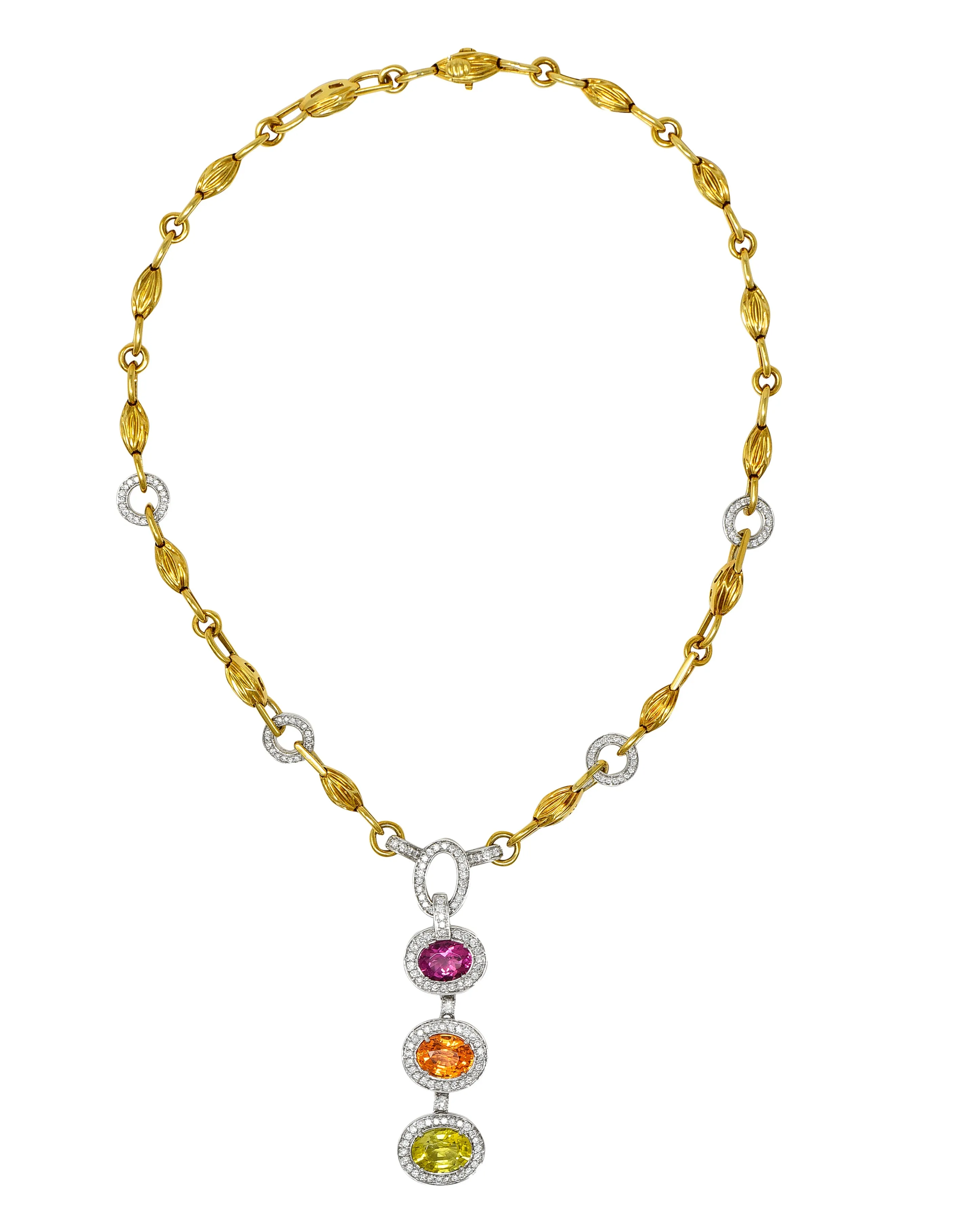 Spark Creations Diamond Tourmaline Chrysoberyl Spessartite Garnet 18 Karat Two-Tone Gold Station Drop Necklace