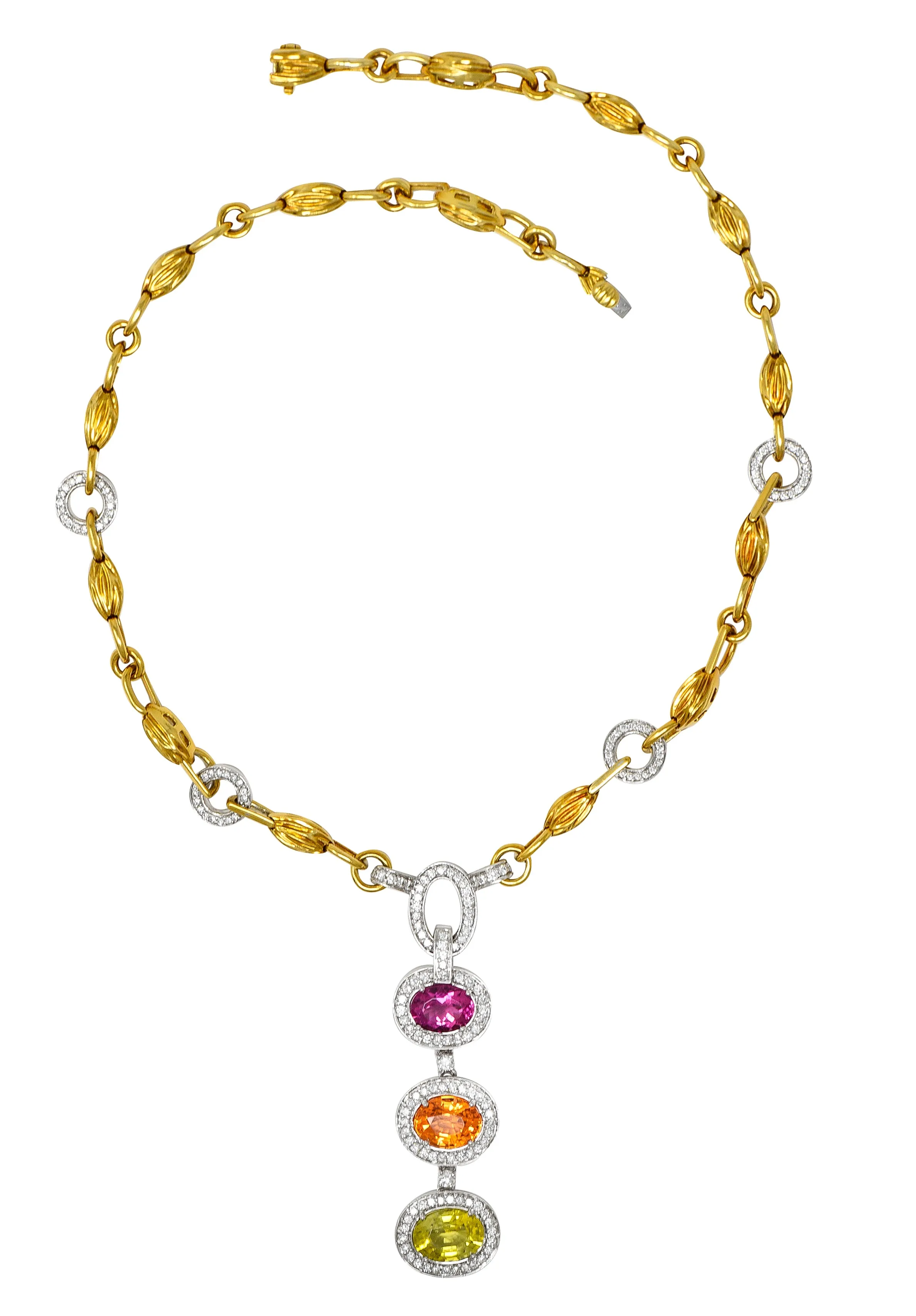 Spark Creations Diamond Tourmaline Chrysoberyl Spessartite Garnet 18 Karat Two-Tone Gold Station Drop Necklace