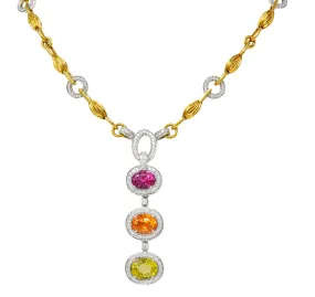 Spark Creations Diamond Tourmaline Chrysoberyl Spessartite Garnet 18 Karat Two-Tone Gold Station Drop Necklace