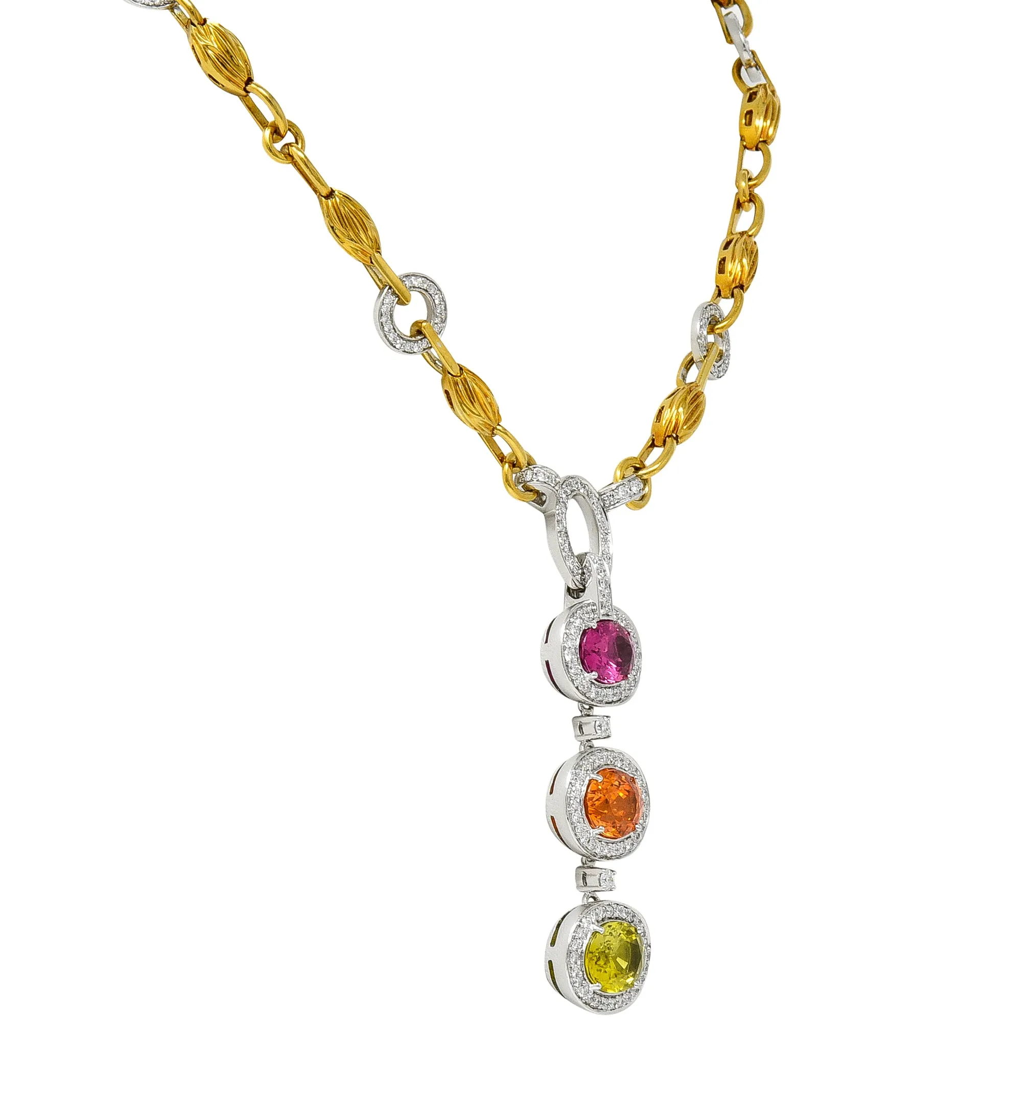 Spark Creations Diamond Tourmaline Chrysoberyl Spessartite Garnet 18 Karat Two-Tone Gold Station Drop Necklace