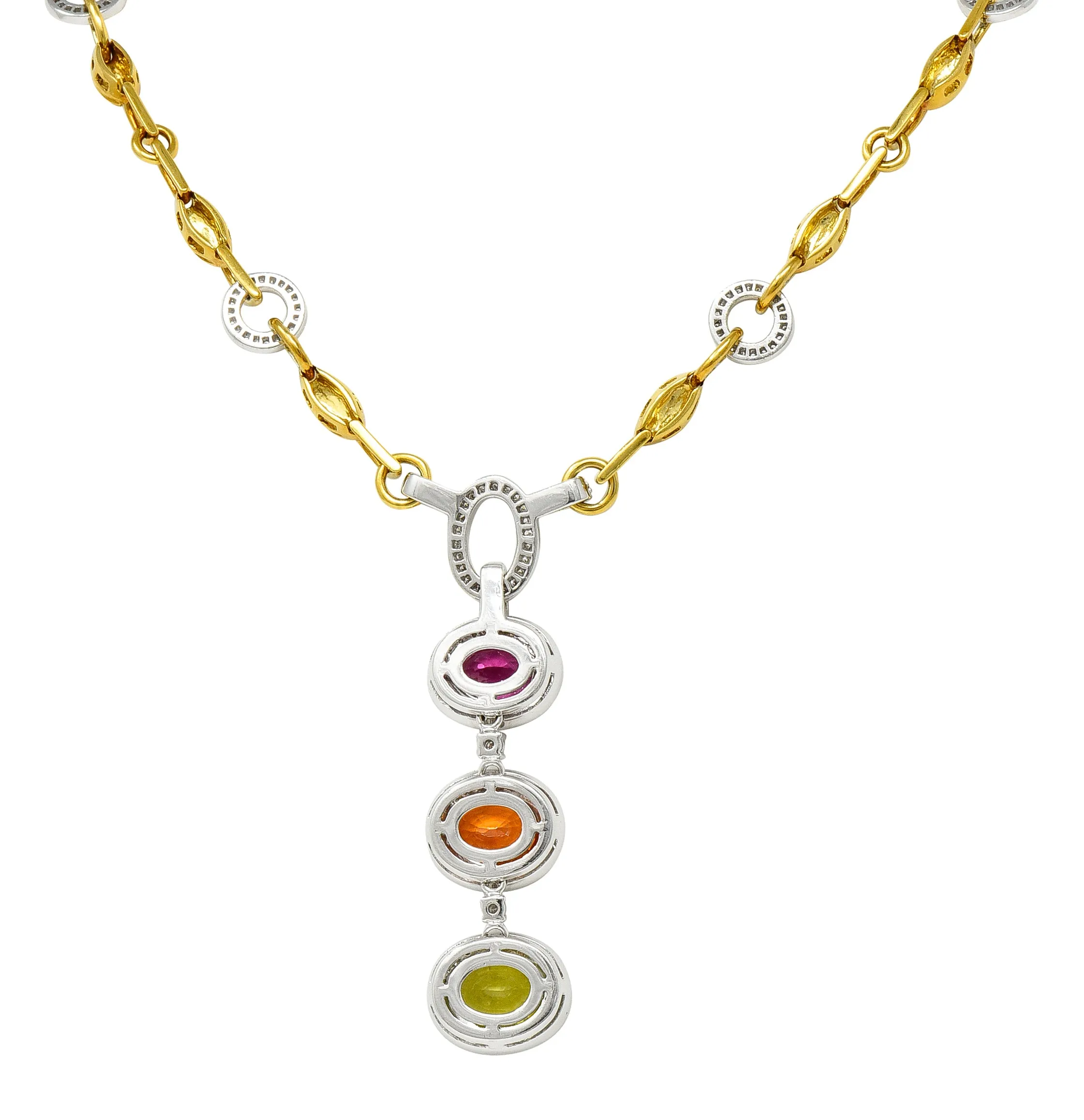 Spark Creations Diamond Tourmaline Chrysoberyl Spessartite Garnet 18 Karat Two-Tone Gold Station Drop Necklace