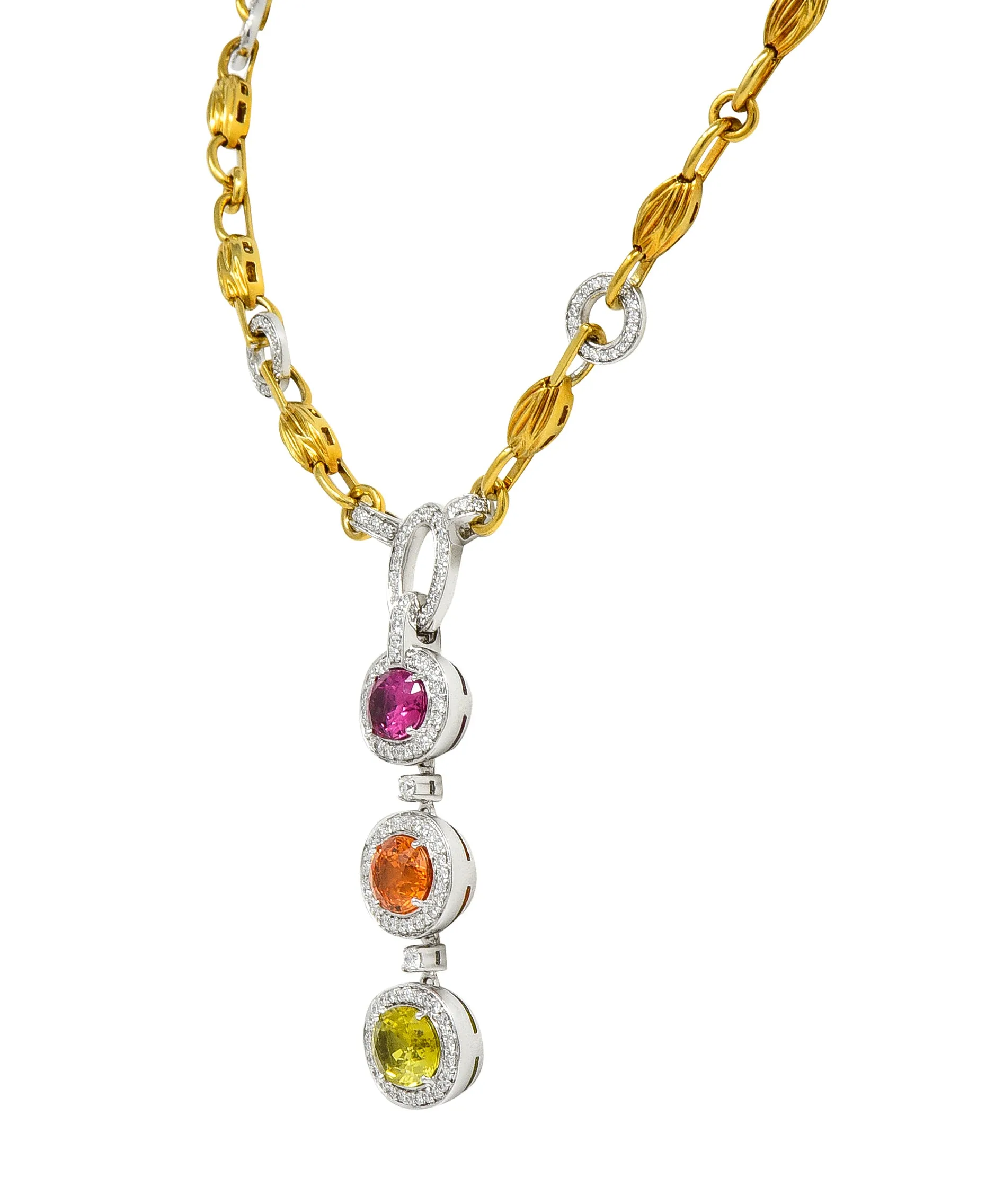 Spark Creations Diamond Tourmaline Chrysoberyl Spessartite Garnet 18 Karat Two-Tone Gold Station Drop Necklace