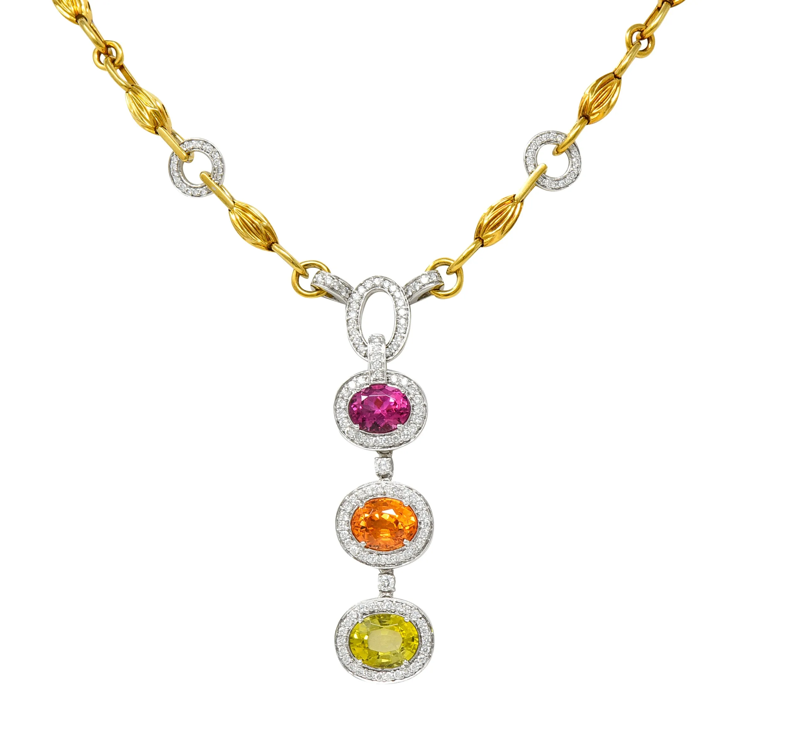 Spark Creations Diamond Tourmaline Chrysoberyl Spessartite Garnet 18 Karat Two-Tone Gold Station Drop Necklace