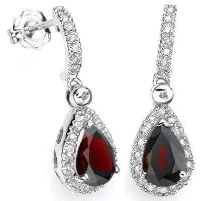 SPARKLING 1.94 CT GARNET & 48 PCS WHITE DIAMOND 10K SOLID WHITE GOLD EARRINGS