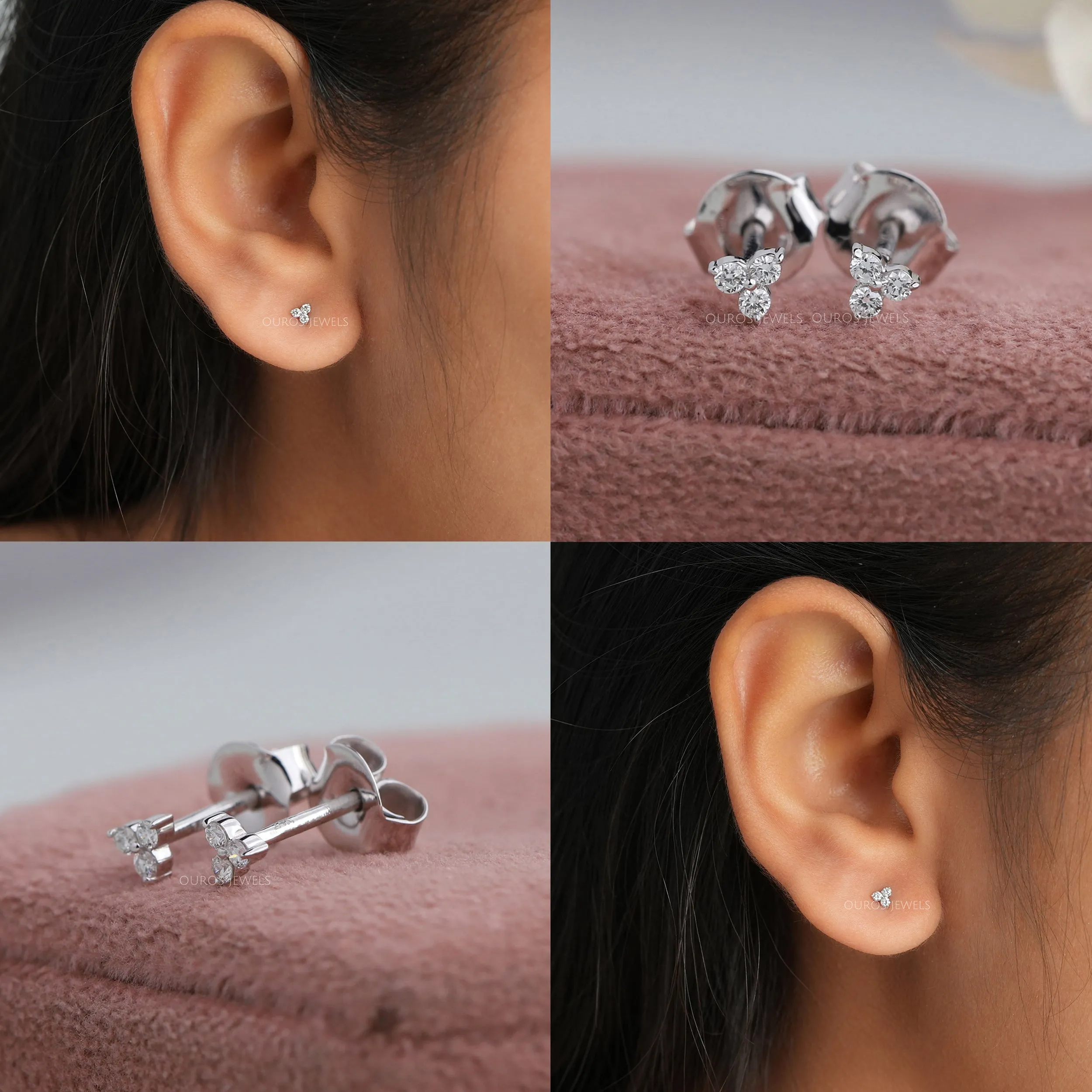 Tiny Trinity Round Lab Diamond Stud Earrings