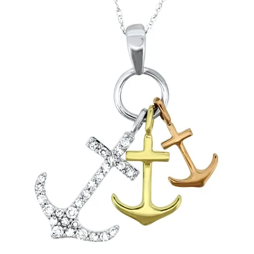 Tri Color Diamond Anchor Necklace