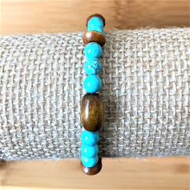 Turquoise Magnesite and Brown Wood Beaded Bracelet