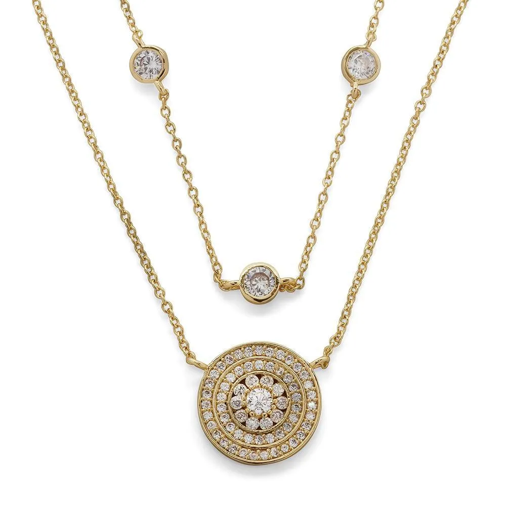 Two Row Necklace with CZ Circle Pendant Gold Plated