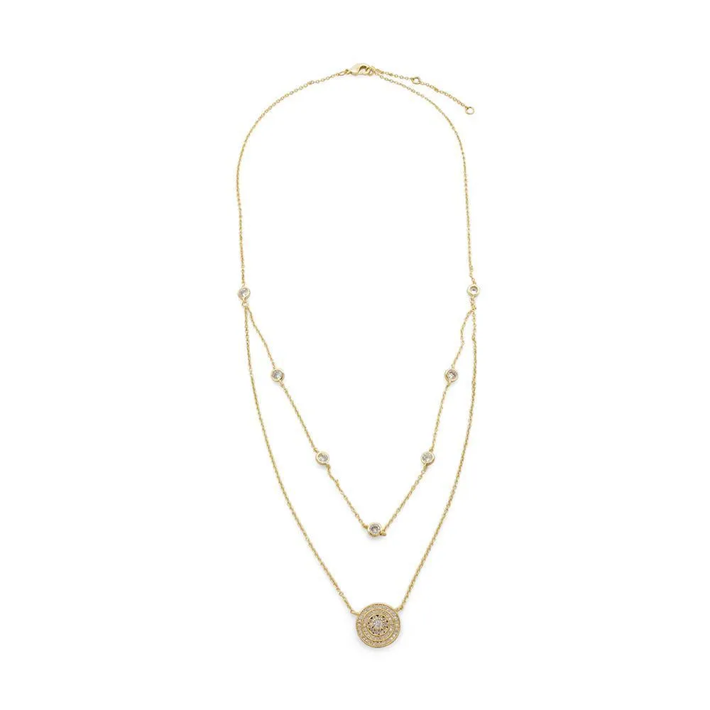 Two Row Necklace with CZ Circle Pendant Gold Plated