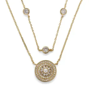 Two Row Necklace with CZ Circle Pendant Gold Plated