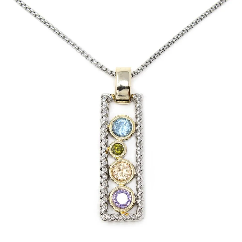 Two Tone Necklace with Multicolor CZ Square Pendant