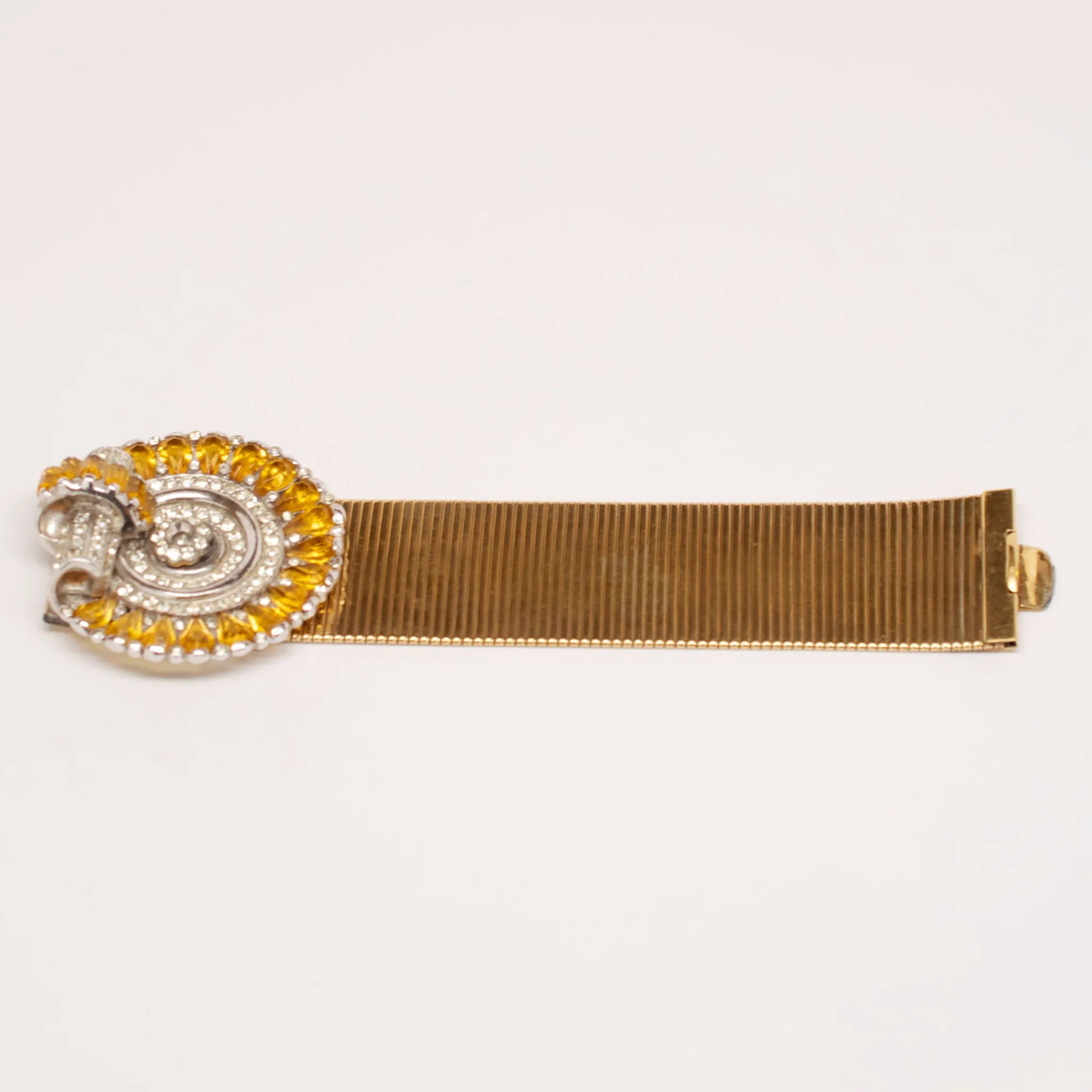 Unsigned Deco Gold Bracelet with Yellow and Crystal Clasp