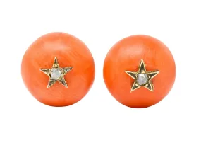 Victorian French Coral Rose Cut Diamond 18 Karat Gold Star Stud Earrings