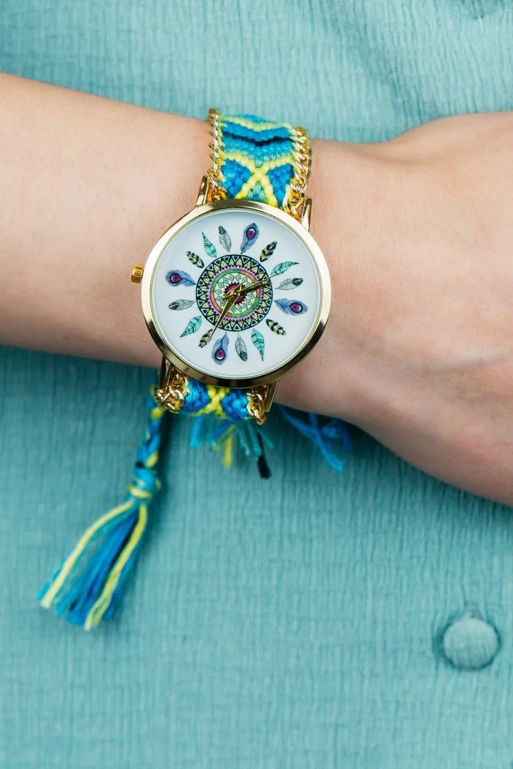 Watches | Blue  Boho Mandala Art Bohemian Jute Knitted Strap Bracelet Wrist Watch | The Colourful Aura