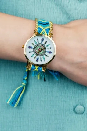 Watches | Blue  Boho Mandala Art Bohemian Jute Knitted Strap Bracelet Wrist Watch | The Colourful Aura