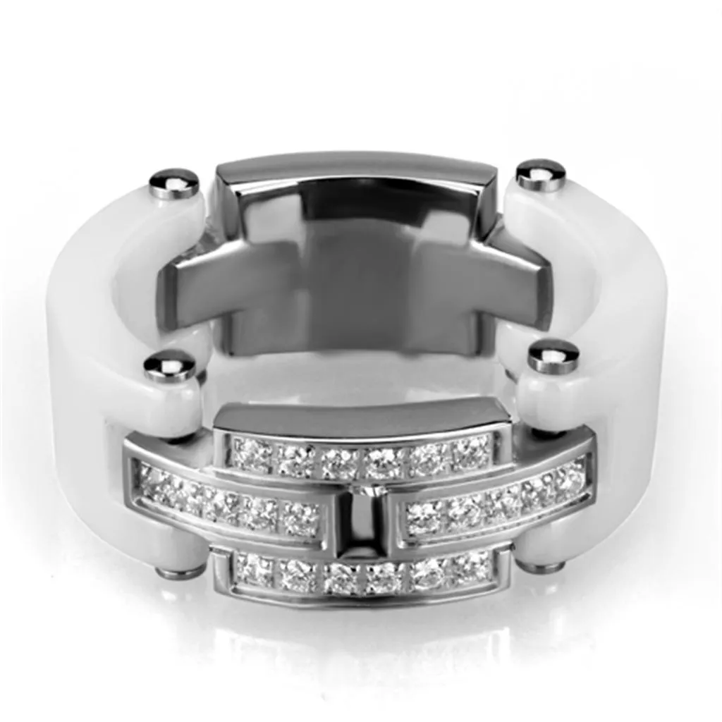 White Ceramic Stainless Steel Crystal Ring