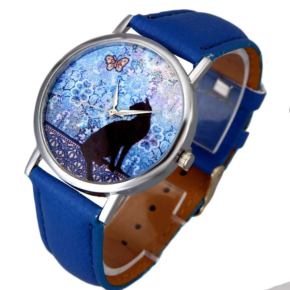 Women Dress Watch Cat Pattern Cute Printed Lady Watches Leather Band Analog Quartz Vogue Wrist Watch Bracelet