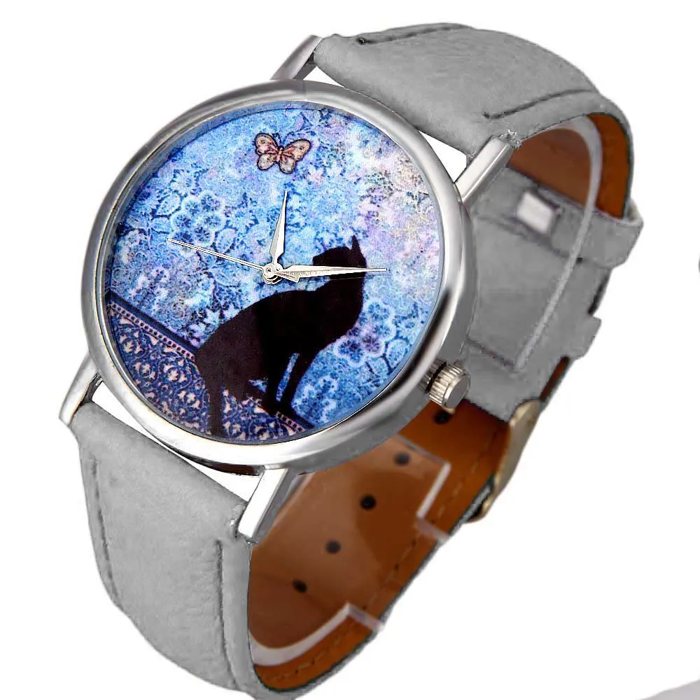 Women Dress Watch Cat Pattern Cute Printed Lady Watches Leather Band Analog Quartz Vogue Wrist Watch Bracelet