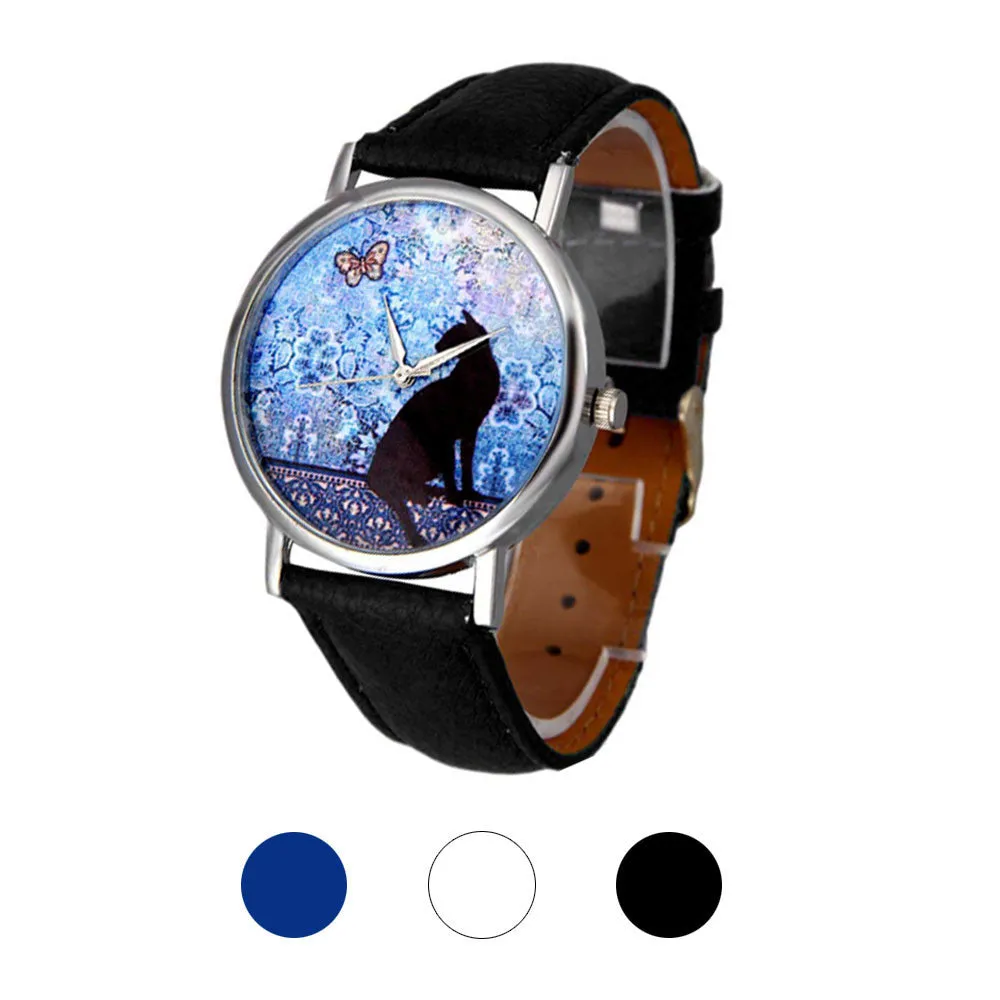 Women Dress Watch Cat Pattern Cute Printed Lady Watches Leather Band Analog Quartz Vogue Wrist Watch Bracelet