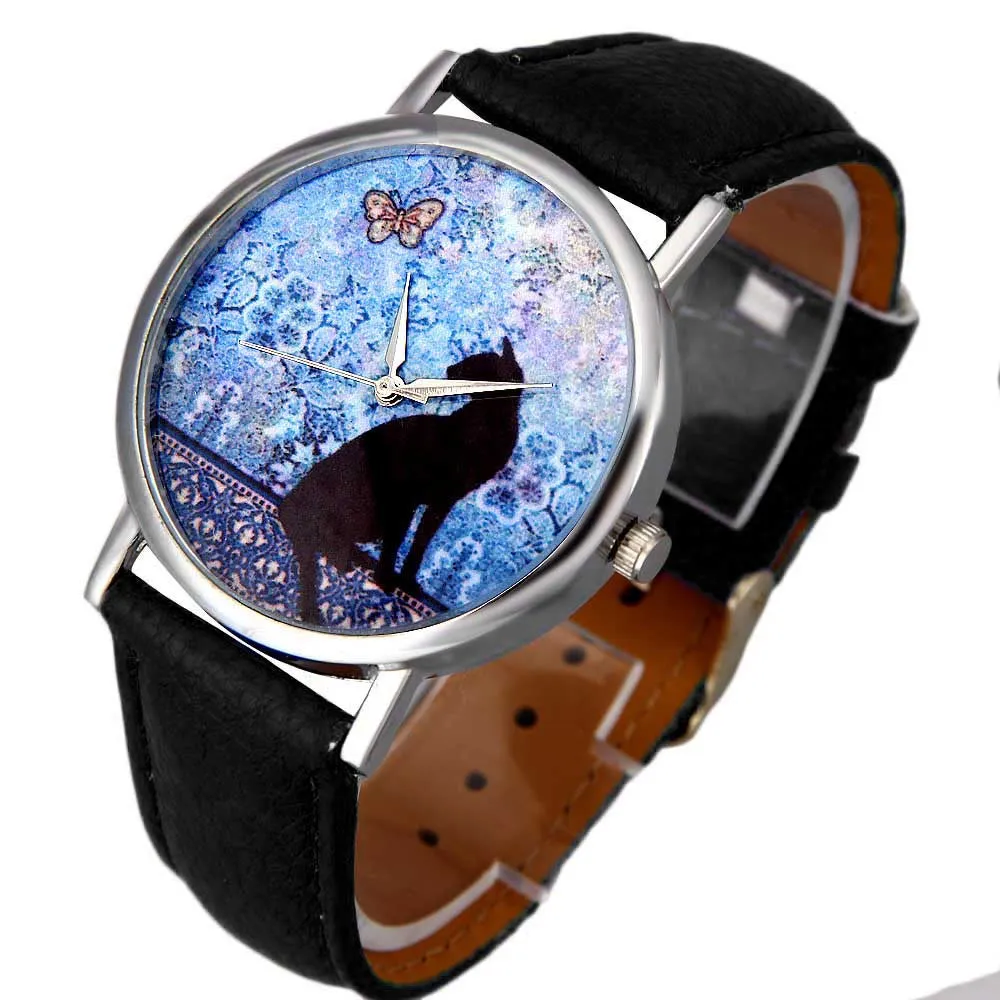 Women Dress Watch Cat Pattern Cute Printed Lady Watches Leather Band Analog Quartz Vogue Wrist Watch Bracelet