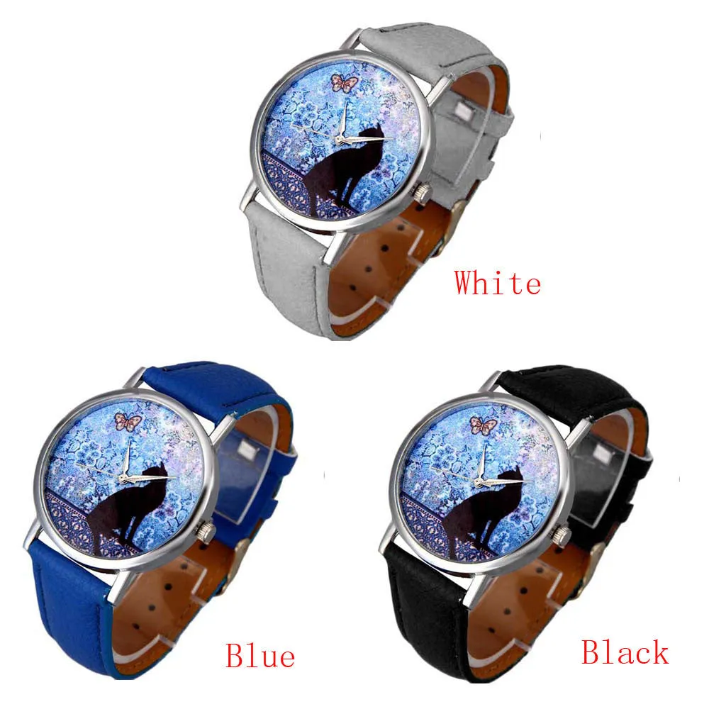 Women Dress Watch Cat Pattern Cute Printed Lady Watches Leather Band Analog Quartz Vogue Wrist Watch Bracelet